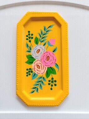 180 Degrees Yellow Floral Dish Rectangular Trinkets Pink Green 8.5 Inch Metal
